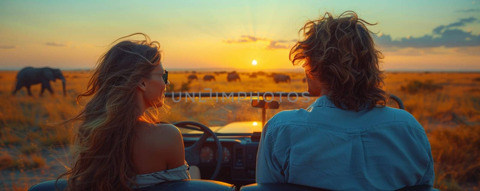 Couple in car admiring elephant against vibrant sky backdrop by richwolf