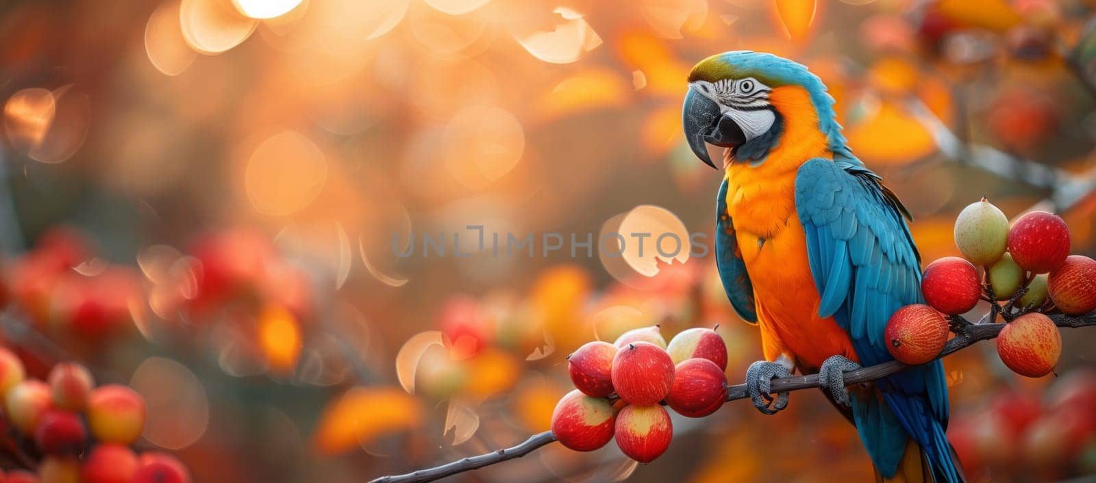 An orange parrot, possibly a Macaw or Parakeet, is perched on a branch of a tree with colorful petals. Its beak and feathers are vibrant in a closeup shot