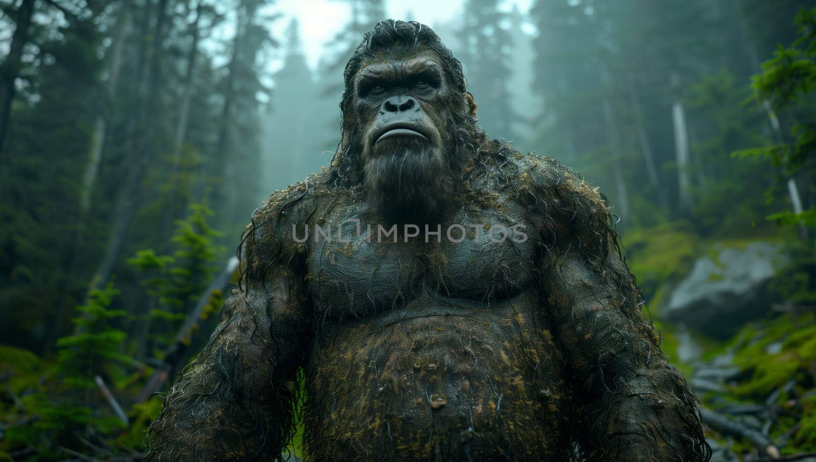 A fictional character, a large gorilla, stands in the darkness of the jungle. Surrounding it are terrestrial plants, trees, and grass in the forest landscape