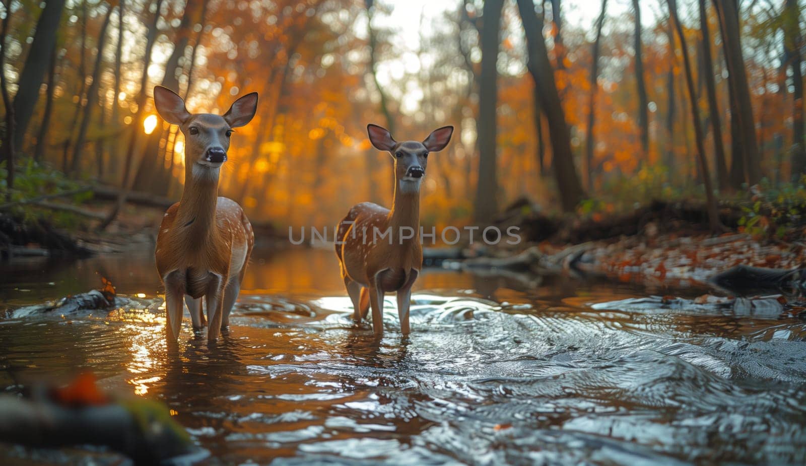 Two deer peacefully standing in a forest stream surrounded by lush green plants and trees. The serene landscape makes for a perfect painting of terrestrial animals in their natural habitat