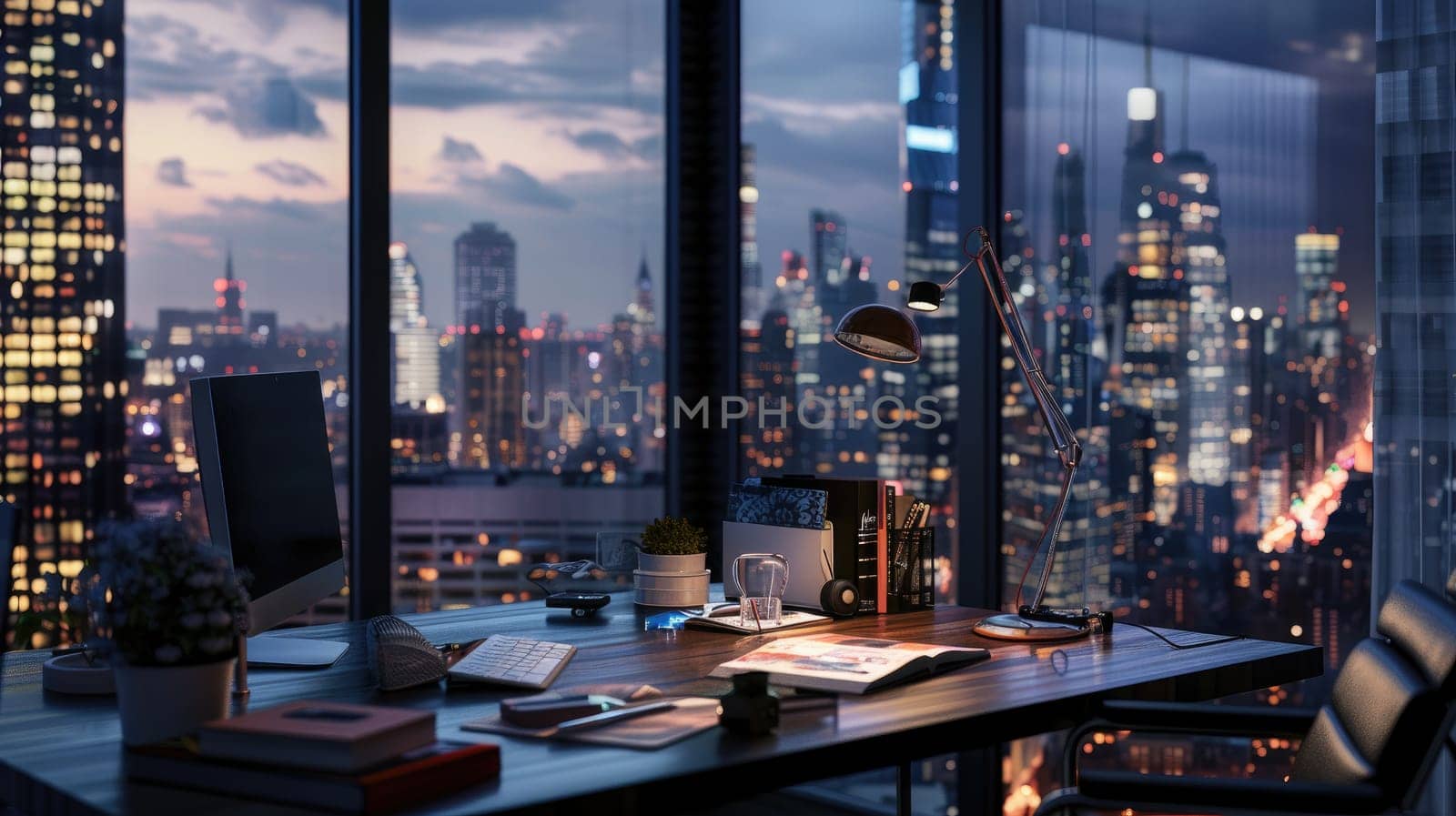 A stylish office desk with beautiful cityscape outside the window, Generative AI.