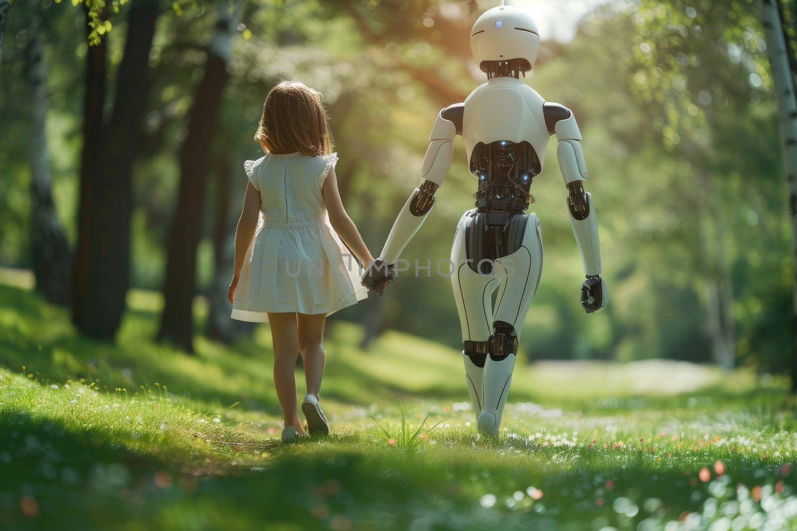 Humanoid robot on a walk with children, Futuristic family and friend concept, Generative AI.