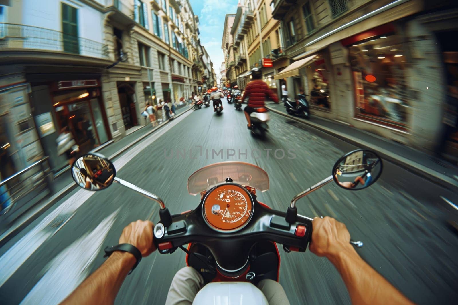 First person view perspective photo on a scooter in the crowded street, Generative AI.