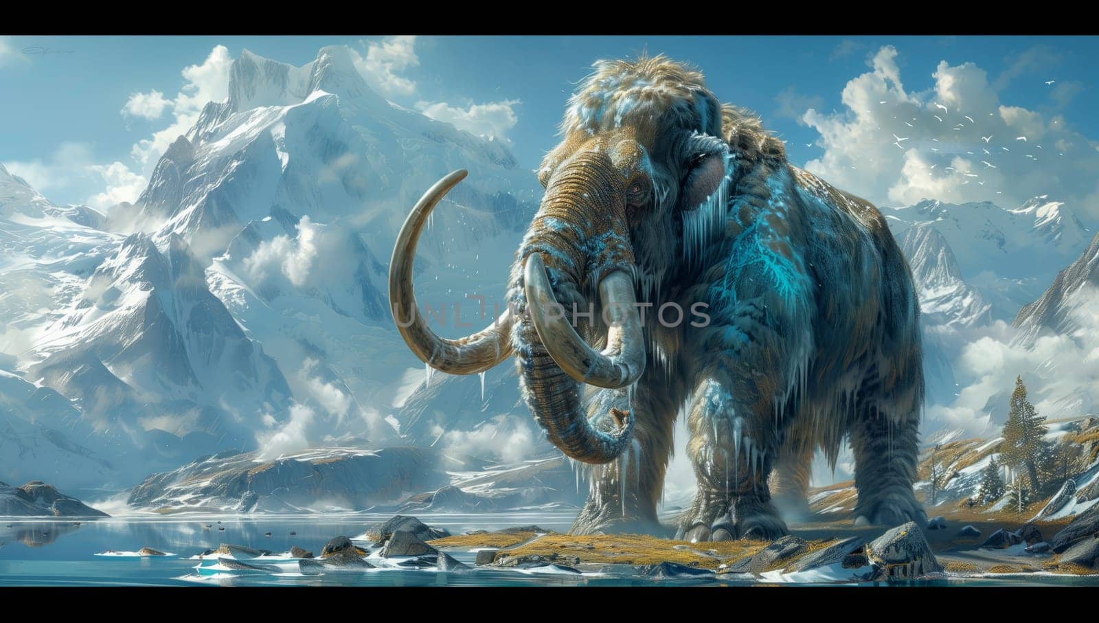 An illustration of a mammoth serving as a pack animal near a body of water in a dark jungle landscape, with clouds adding drama to the scene