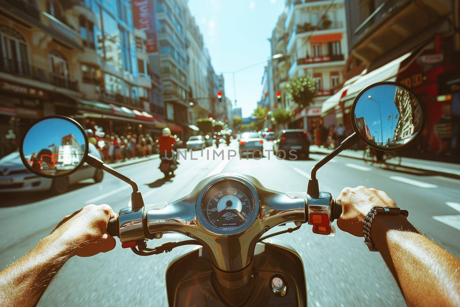 First person view perspective photo on a scooter in the crowded street, Generative AI.