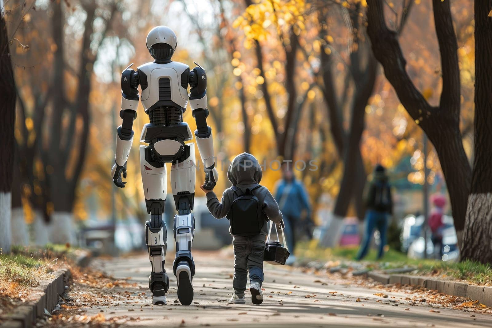 Humanoid robot on a walk with children, Futuristic family and friend concept, Generative AI by nijieimu