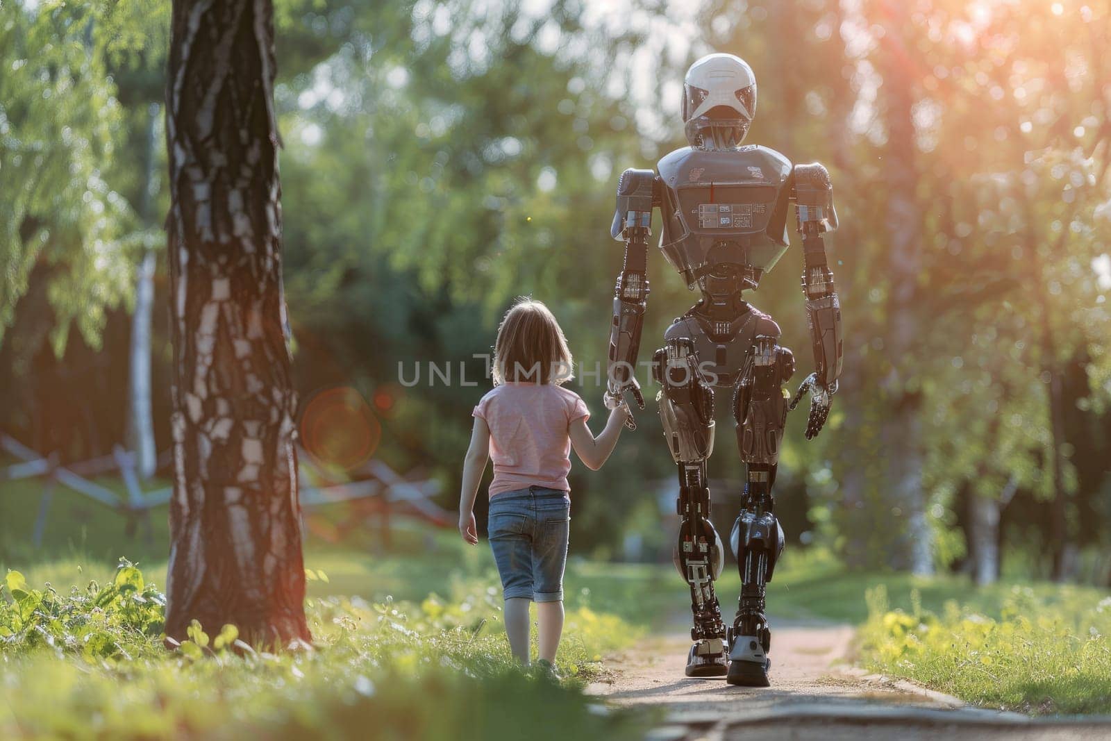 Humanoid robot on a walk with children, Futuristic family and friend concept, Generative AI.