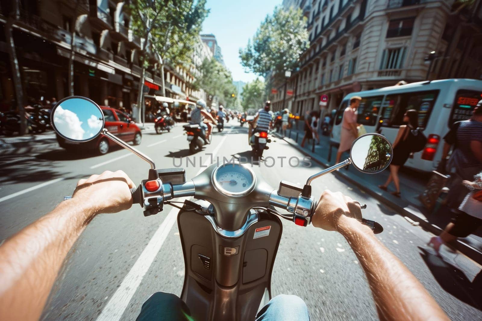 First person view perspective photo on a scooter in the crowded street, Generative AI by nijieimu