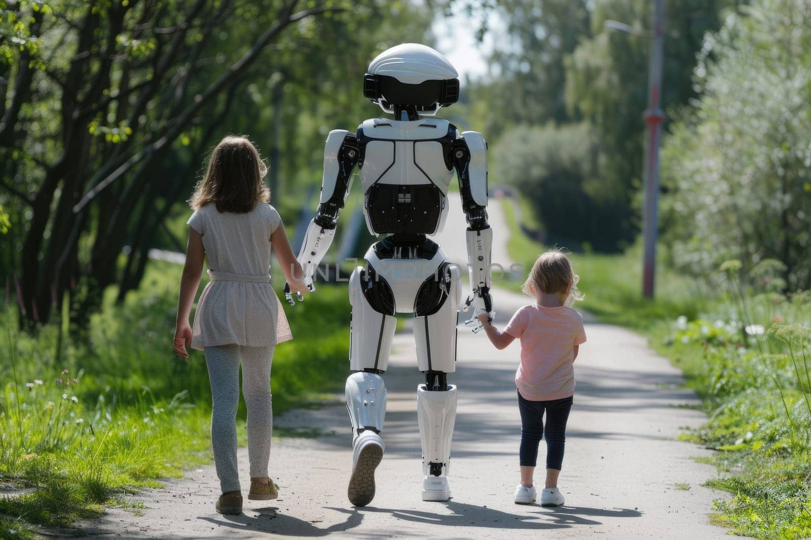 Humanoid robot on a walk with children, Futuristic family and friend concept, Generative AI.