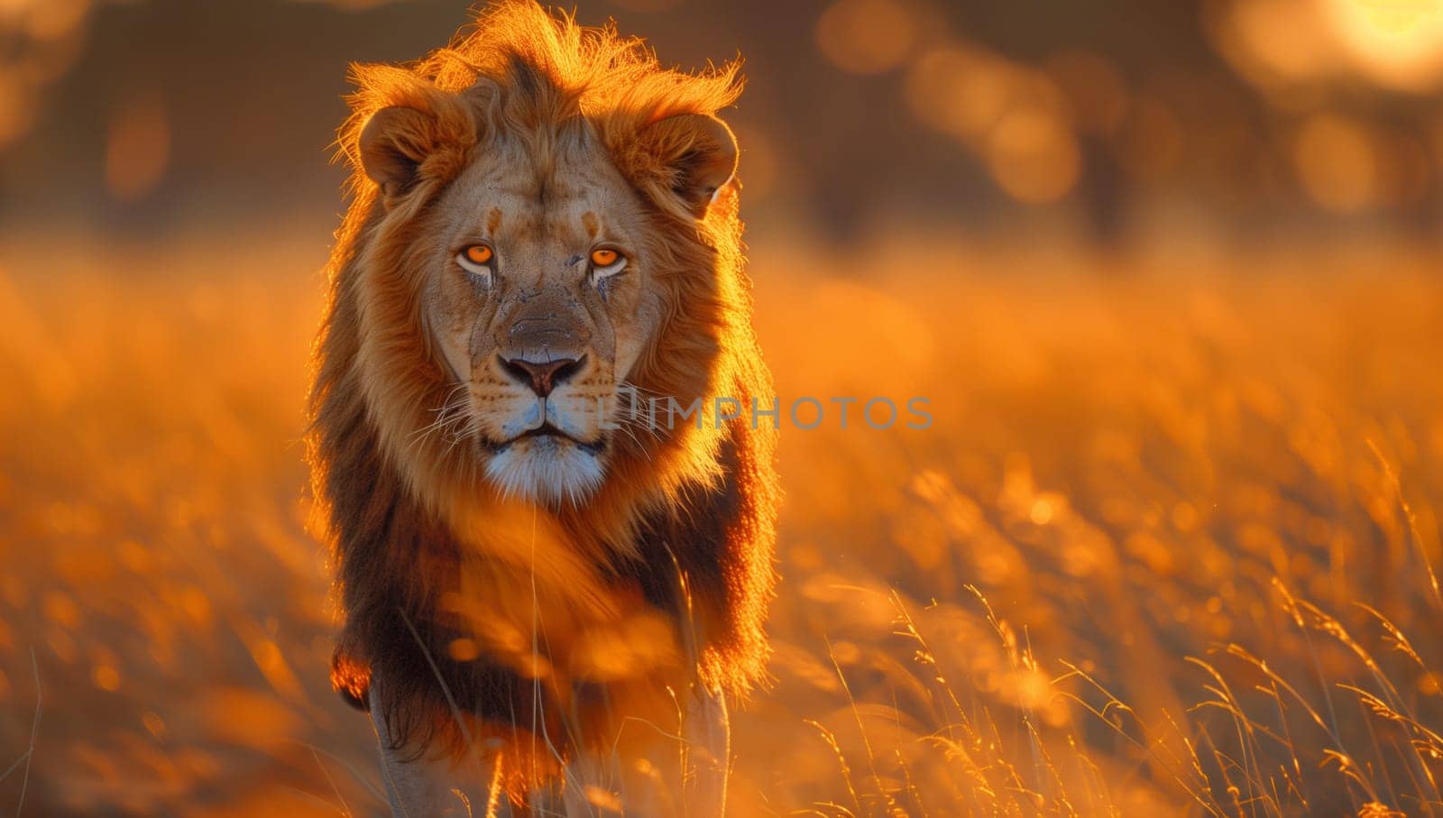 A majestic Masai lion, a member of the Felidae family and a carnivorous big cat, is strolling through a field of tall grass at sunset, its whiskers twitching as it hunts for prey