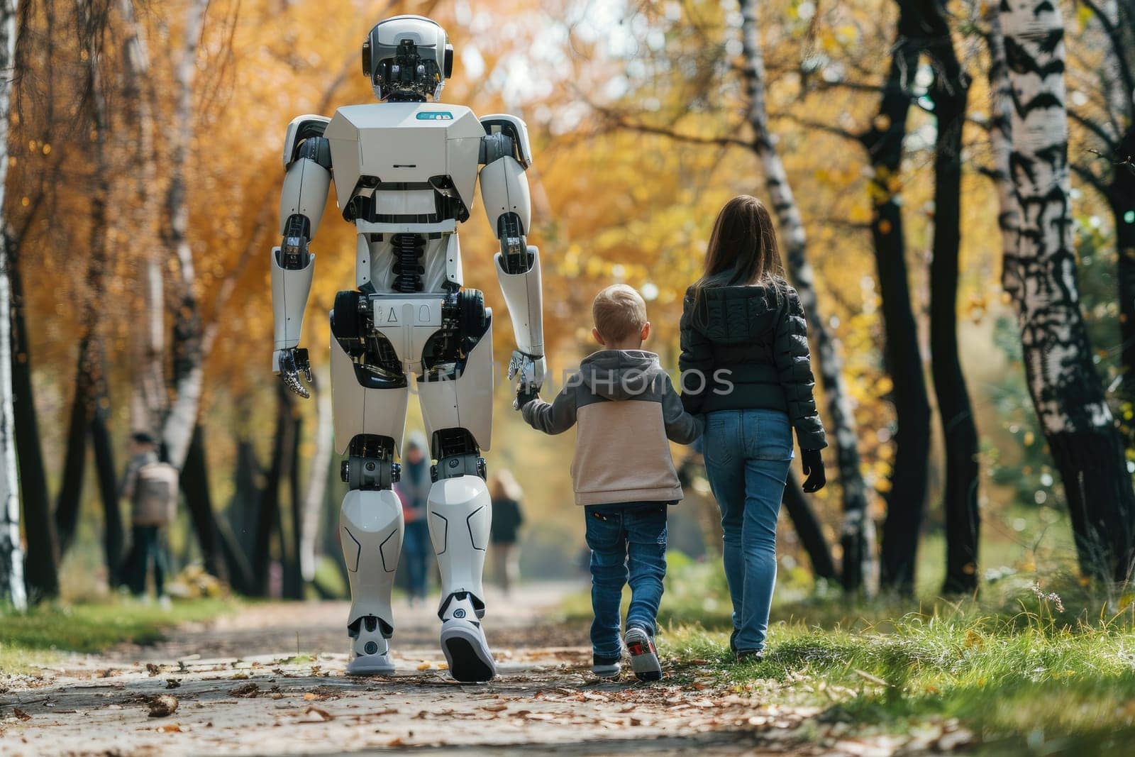 Humanoid robot on a walk with children, Futuristic family and friend concept, Generative AI by nijieimu