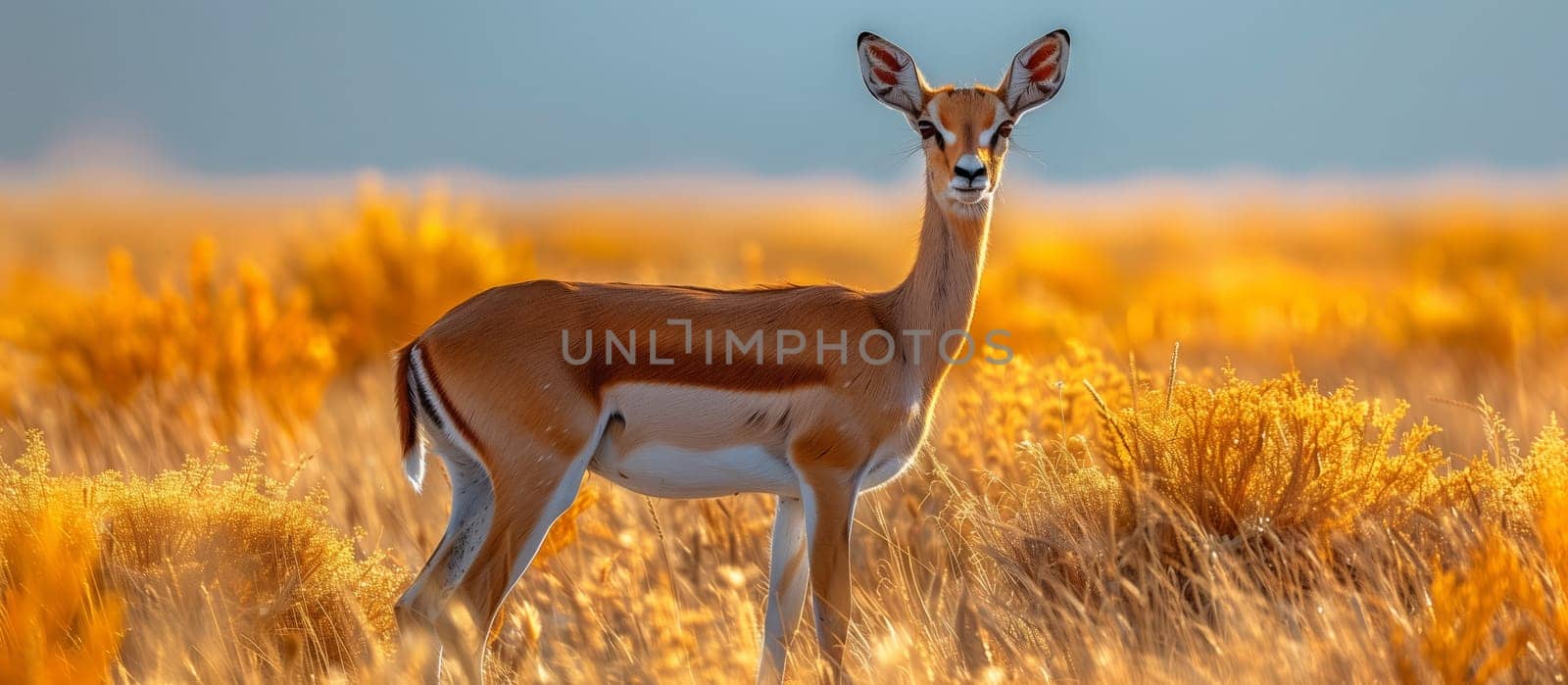 A terrestrial animal, the deer, is found in a grassland ecoregion. It stands in a natural landscape of tall grass, adapting to its plain surroundings while a fawn grazes nearby