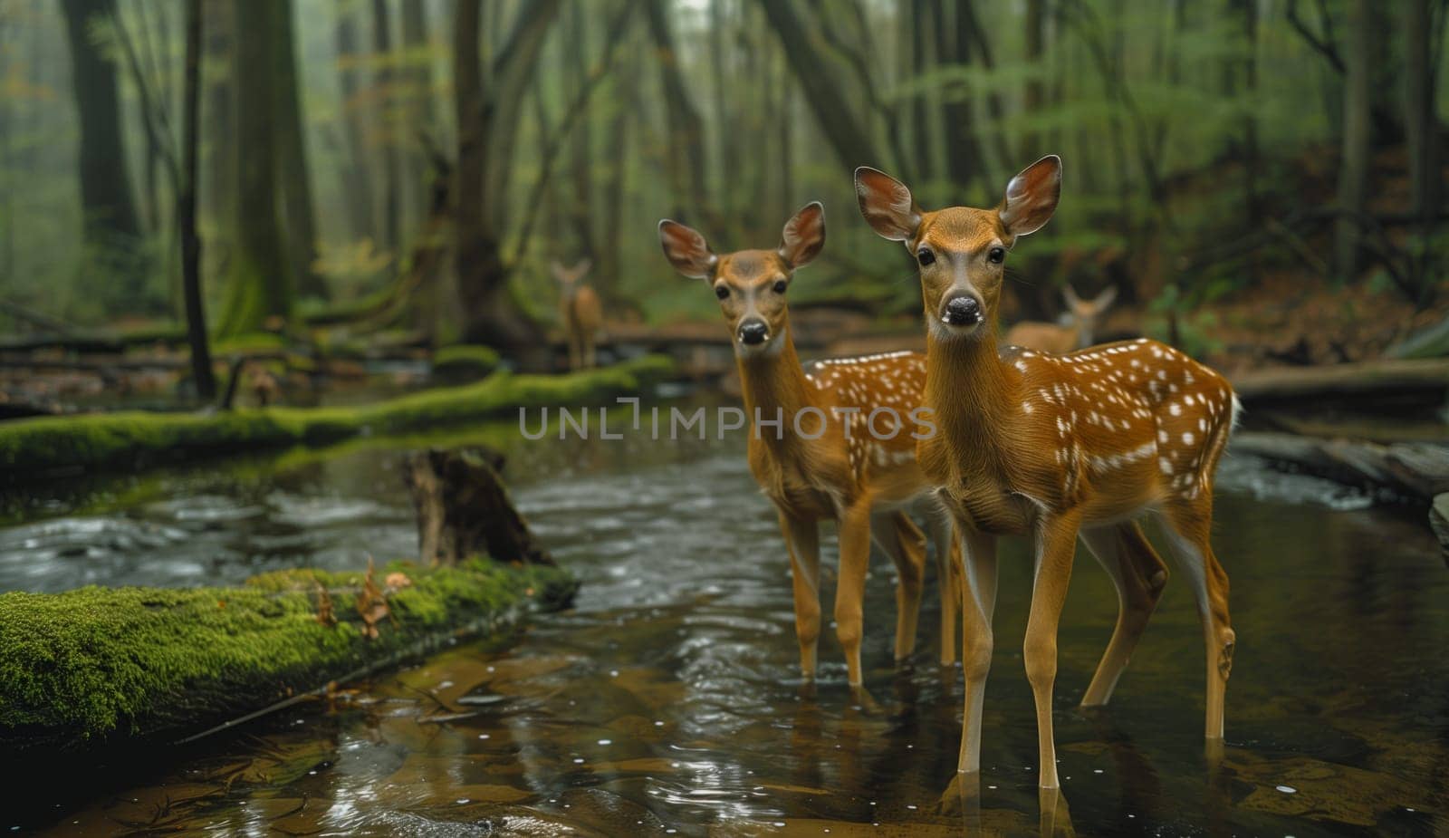 Two deer are wading through the stream in the forest, surrounded by plants and grass. The fluvial landforms of the stream create a serene natural landscape