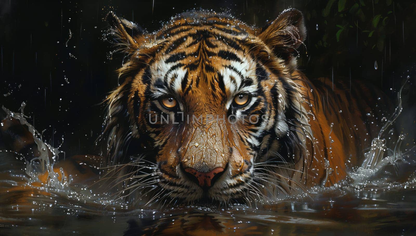 A Bengal tiger, a carnivorous organism of the Felidae family and a terrestrial animal, is swimming in the water, its whiskers glistening as it gazes at the camera