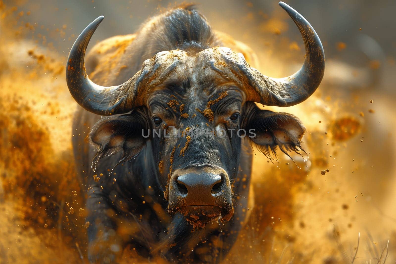 A bull, a terrestrial organism, is charging through a muddy field. This working animal with horns and a snout is a majestic sight in the landscape, embodying the strength and power of wildlife