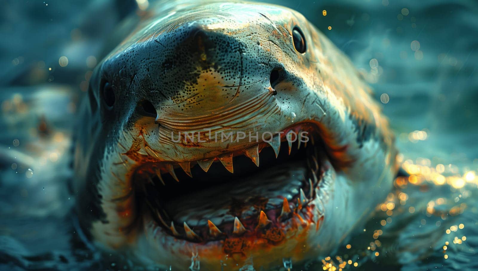 A closeup shot of a shark from the Lamniformes or Carcharhiniformes order, showing its impressive jaw with sharp fangs as it swims in the water