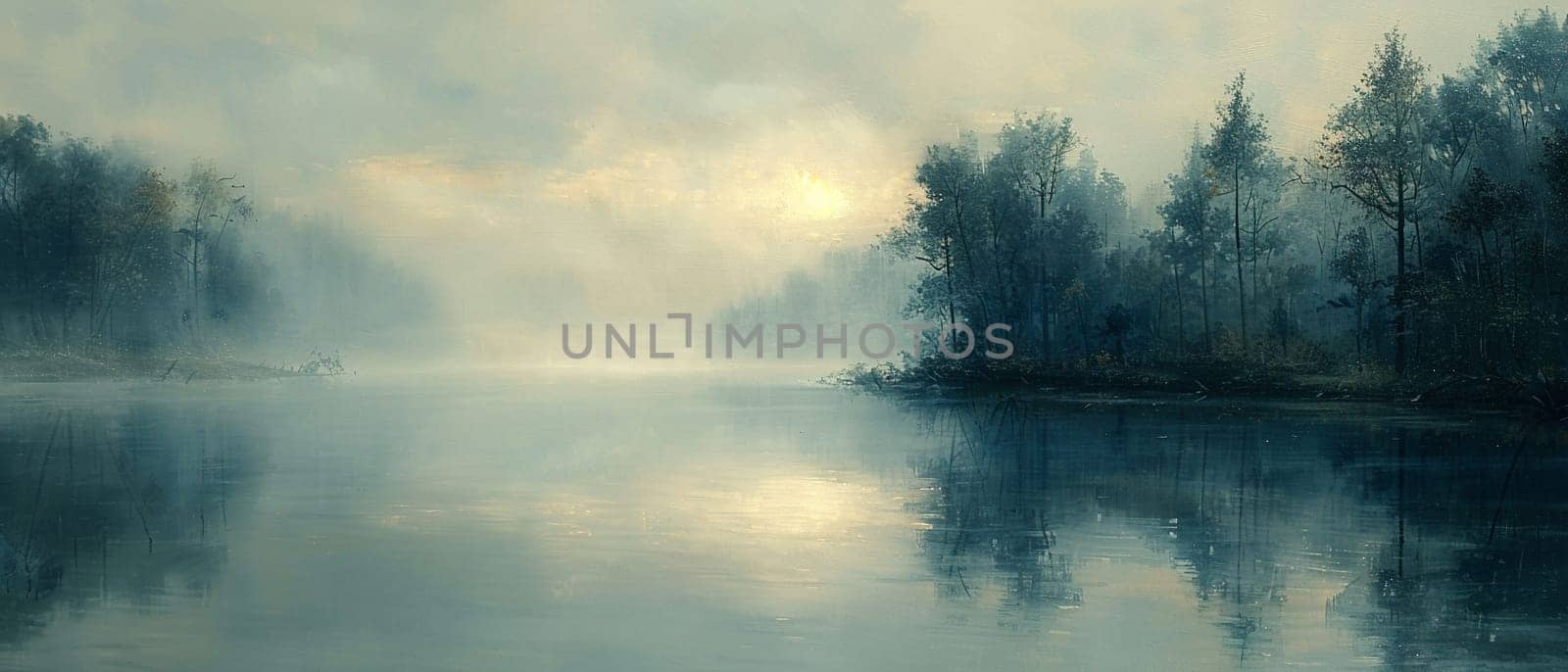 Quiet Morning at a Lakeside Fishing Spot with Mist Rising Off the Water by Benzoix