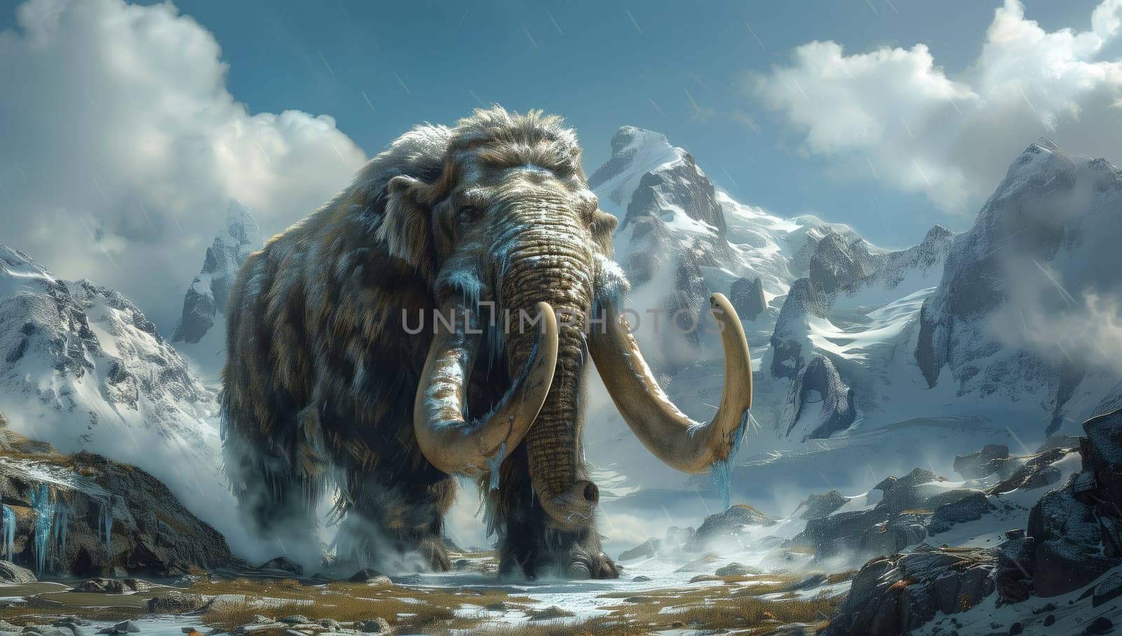 A terrestrial animal, the mammoth, is standing in the snow in the natural landscape of the mountains, with clouds hovering above and water nearby
