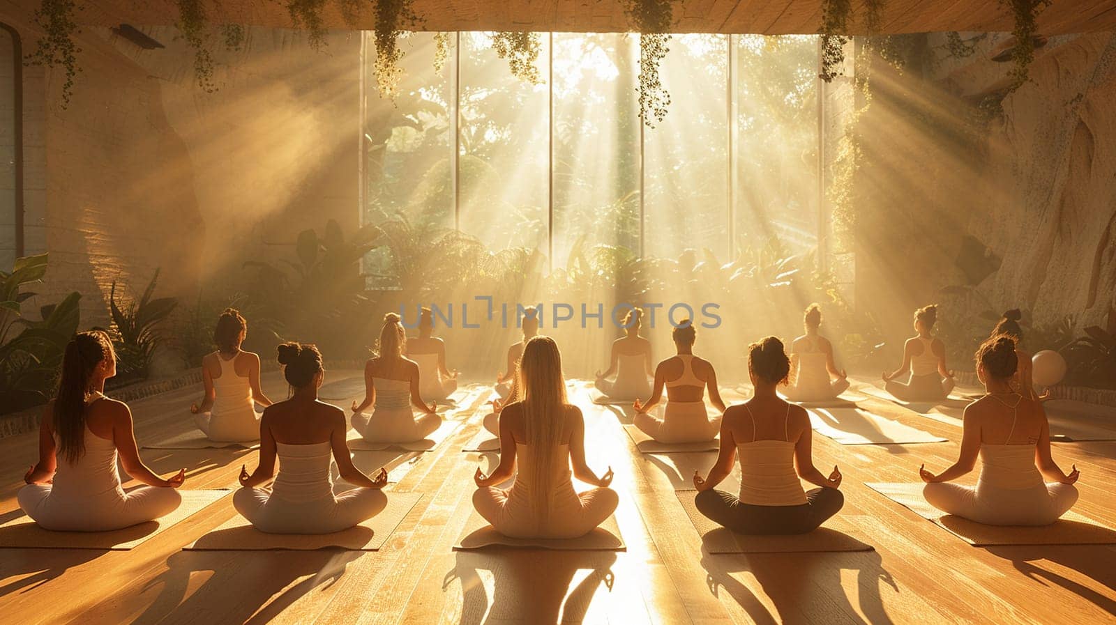 Serene Yoga Class in Session at a Sunlit Wellness Center, The tranquil blur of figures in poses against the morning light emphasizes balance and harmony.