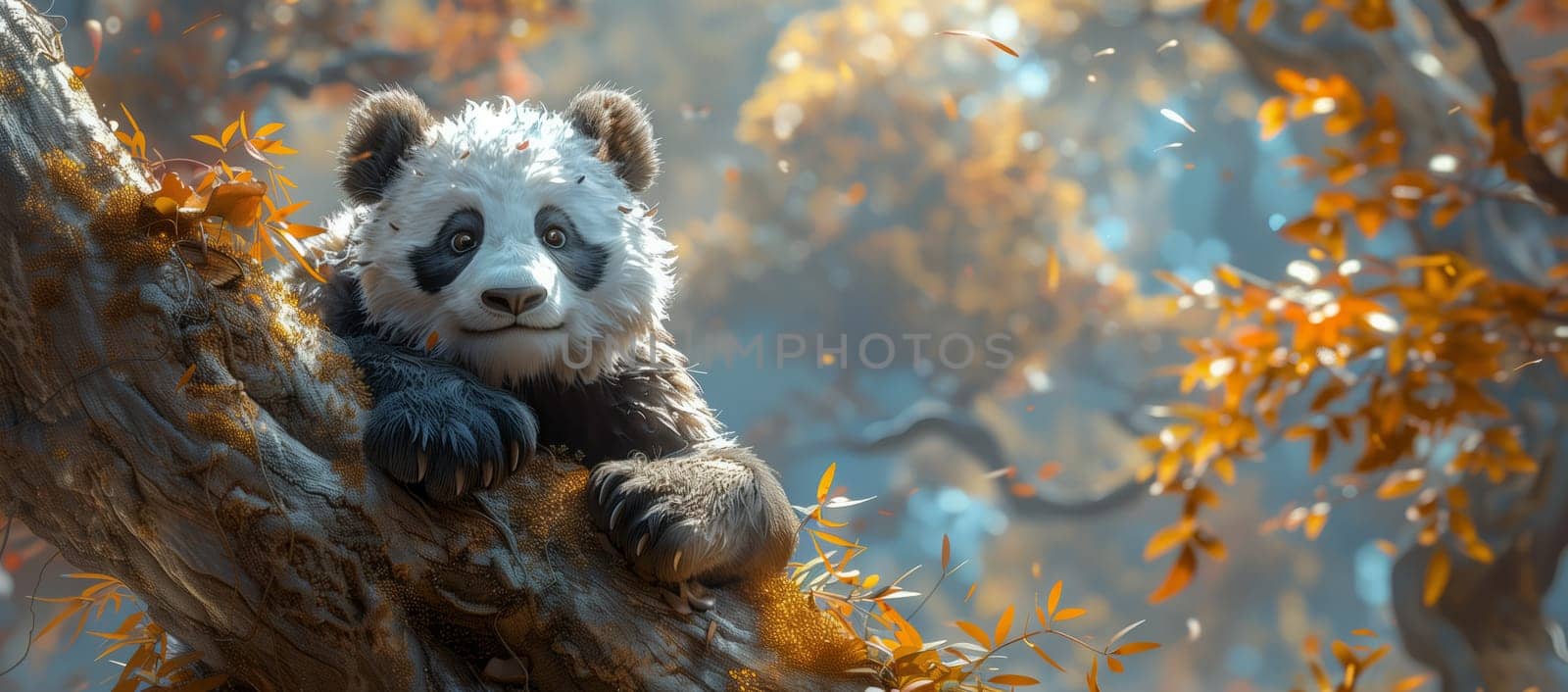 A Canidae carnivore, panda bear, with fur, sitting on a tree branch in a natural landscape forest. A terrestrial animal in a wildlife environment