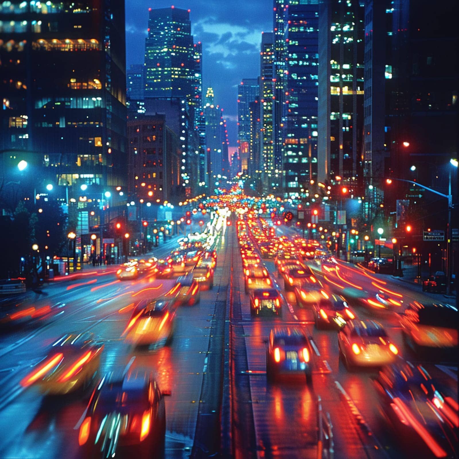 Nighttime City Traffic with Streaks of Headlights and Streetlights by Benzoix