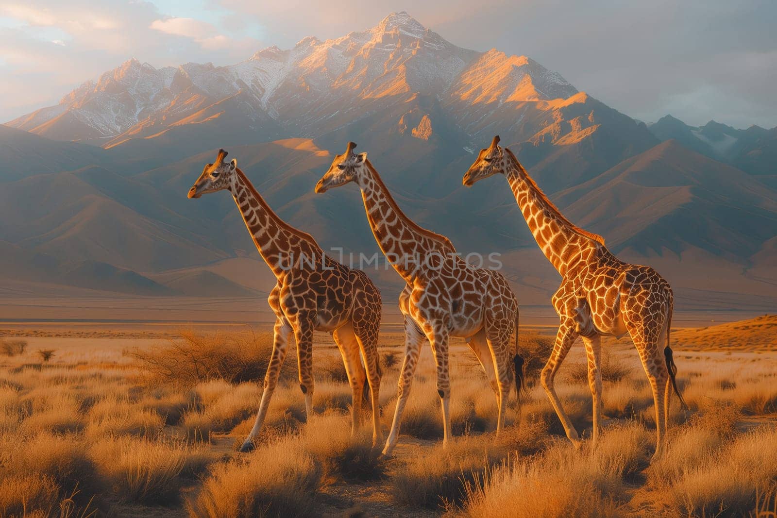 Three Giraffidae standing in a plant community with mountains in the background. Their adaptation to their terrestrial environment is evident as they graze under the sky filled with clouds