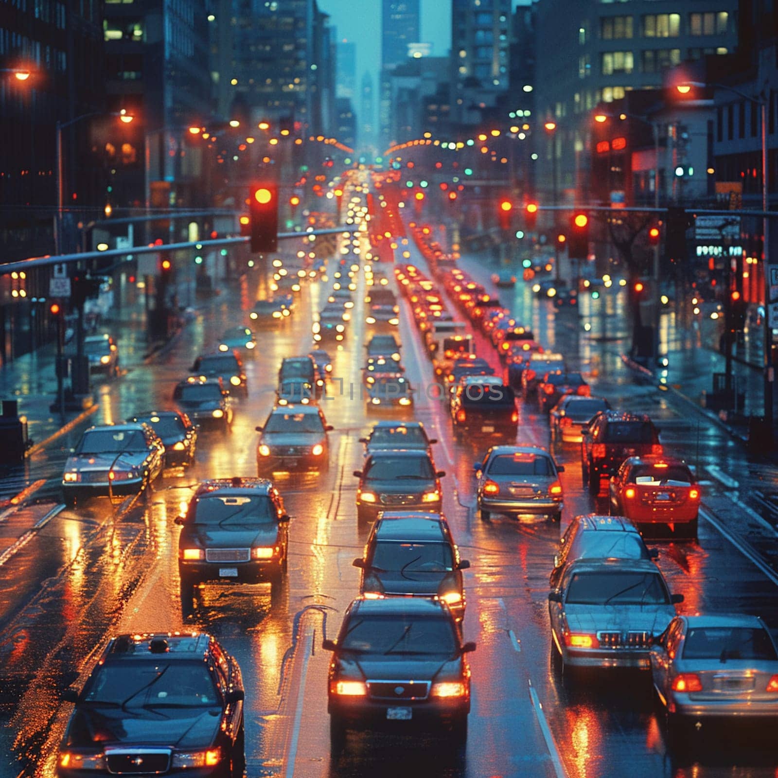 Nighttime City Traffic with Streaks of Headlights and Streetlights, The motion blur of lights suggests the pulse and flow of urban life after dark.