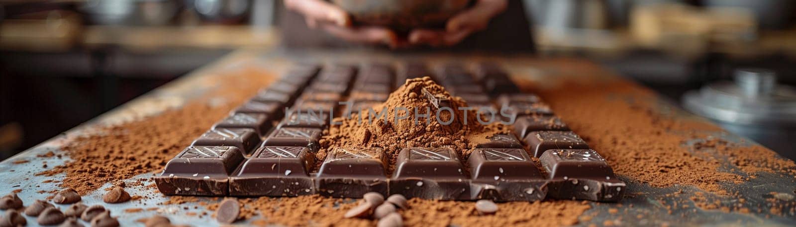 Rustic Chocolate Factory Workshop Amidst Sweet Aroma, Soft focus on artisan tools and chocolate pieces alludes to the craftsmanship in confectionery.