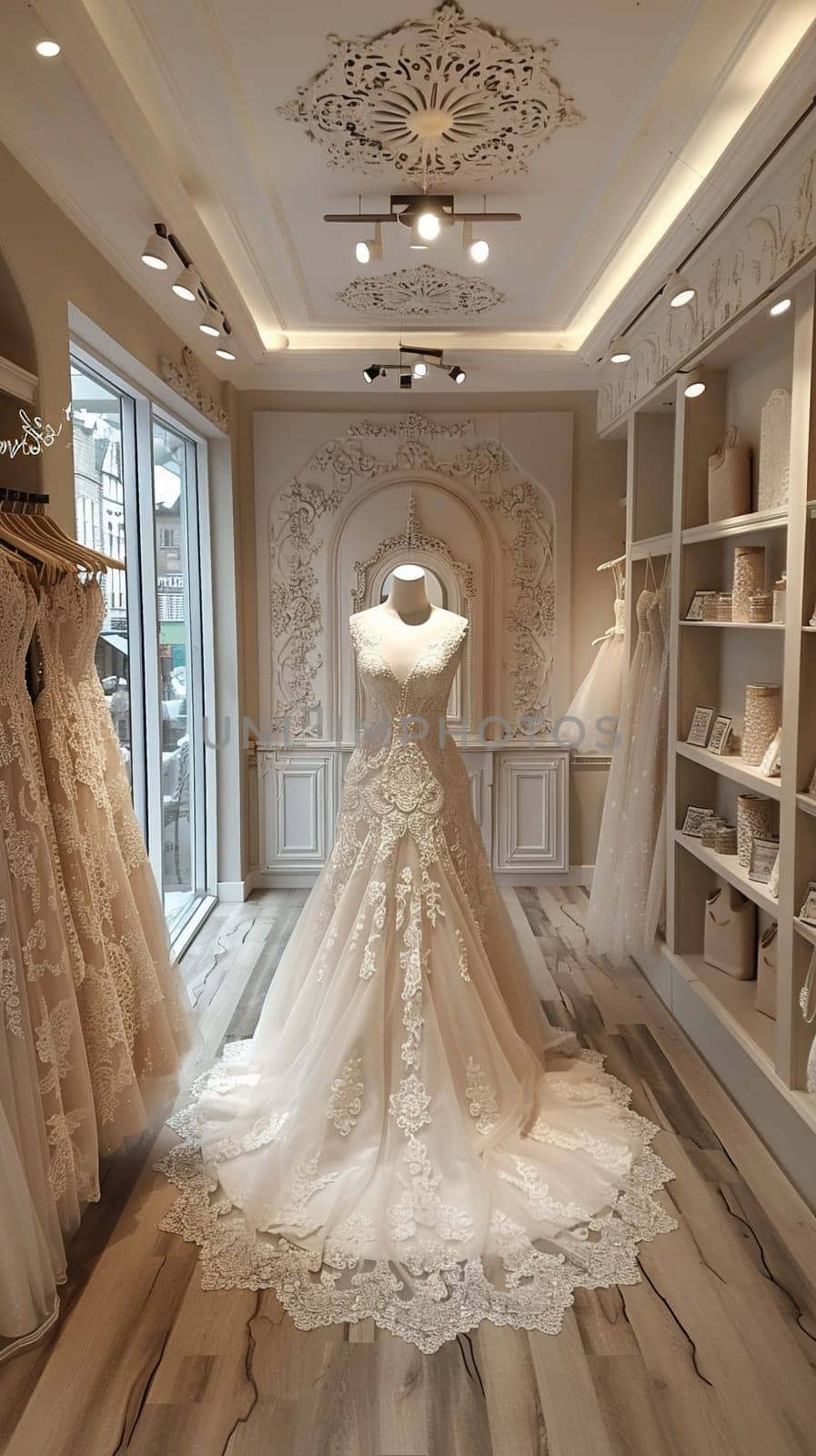 Elegant Bridal Boutique with Soft Focus on Gowns and Accessories by Benzoix