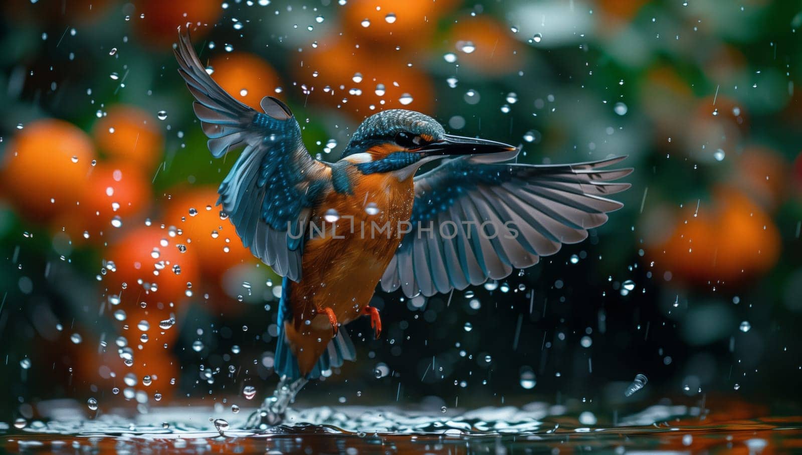 A bird with electric blue feathers flies over water during a rainy event by richwolf