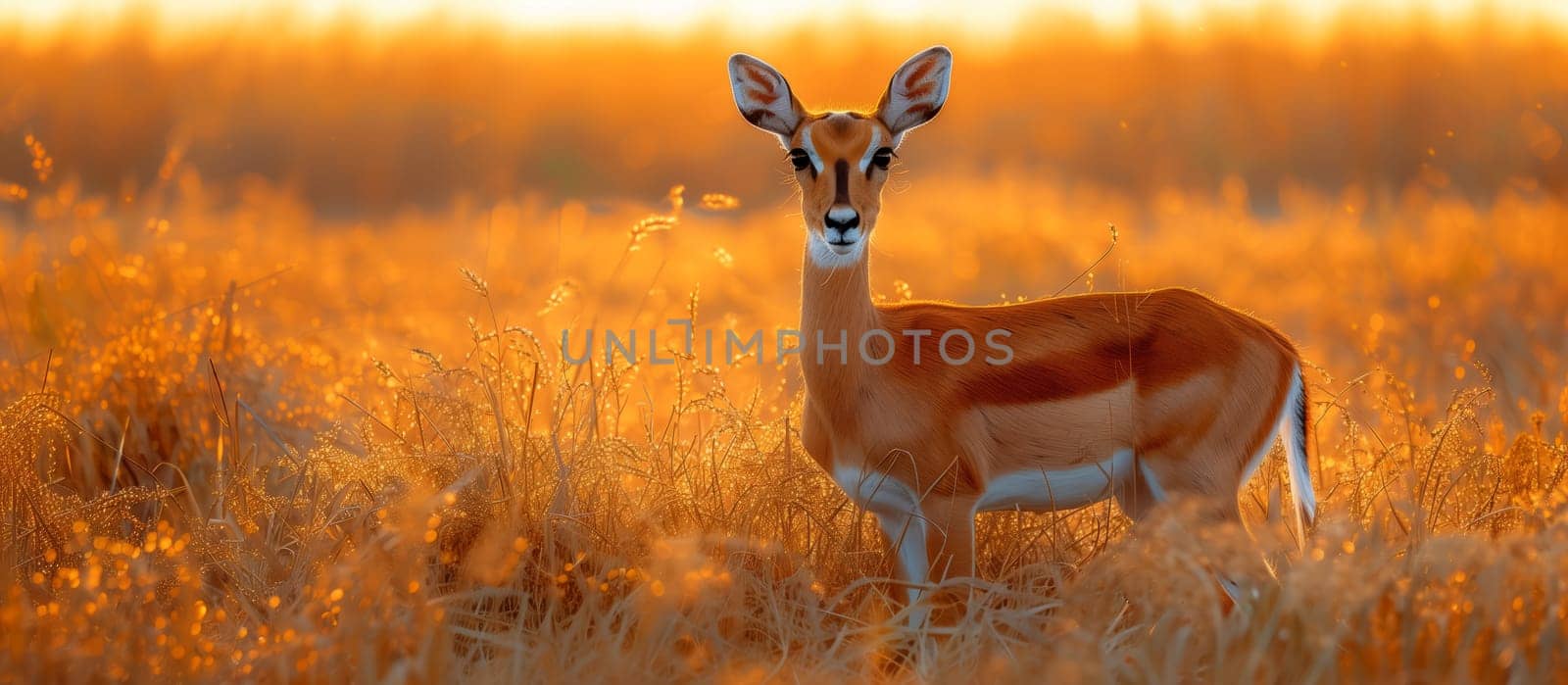 A deer, a terrestrial animal, stands in a grassland ecoregion at sunset, surrounded by tall grass. The natural landscape creates a peaceful scene as the deer grazes in the plain