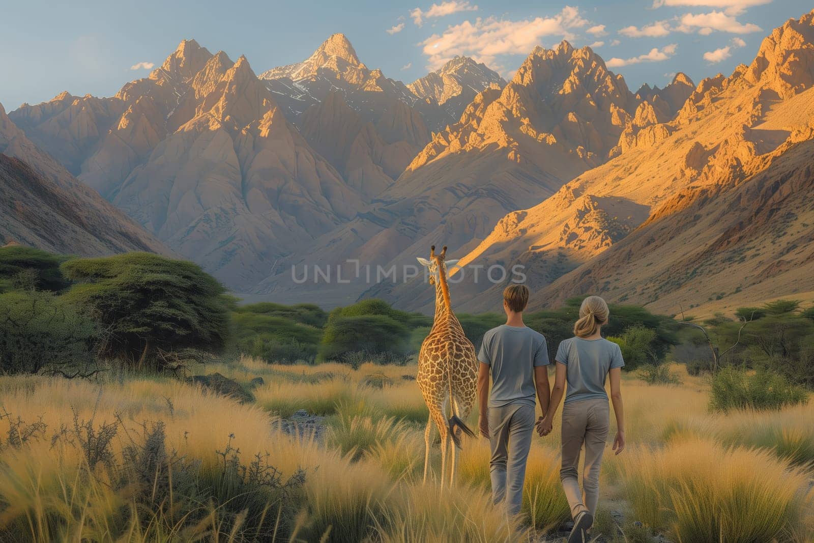A man and a woman are strolling through a grassy field surrounded by towering mountains and graceful giraffes. The natural landscape is serene, with fluffy clouds in the sky