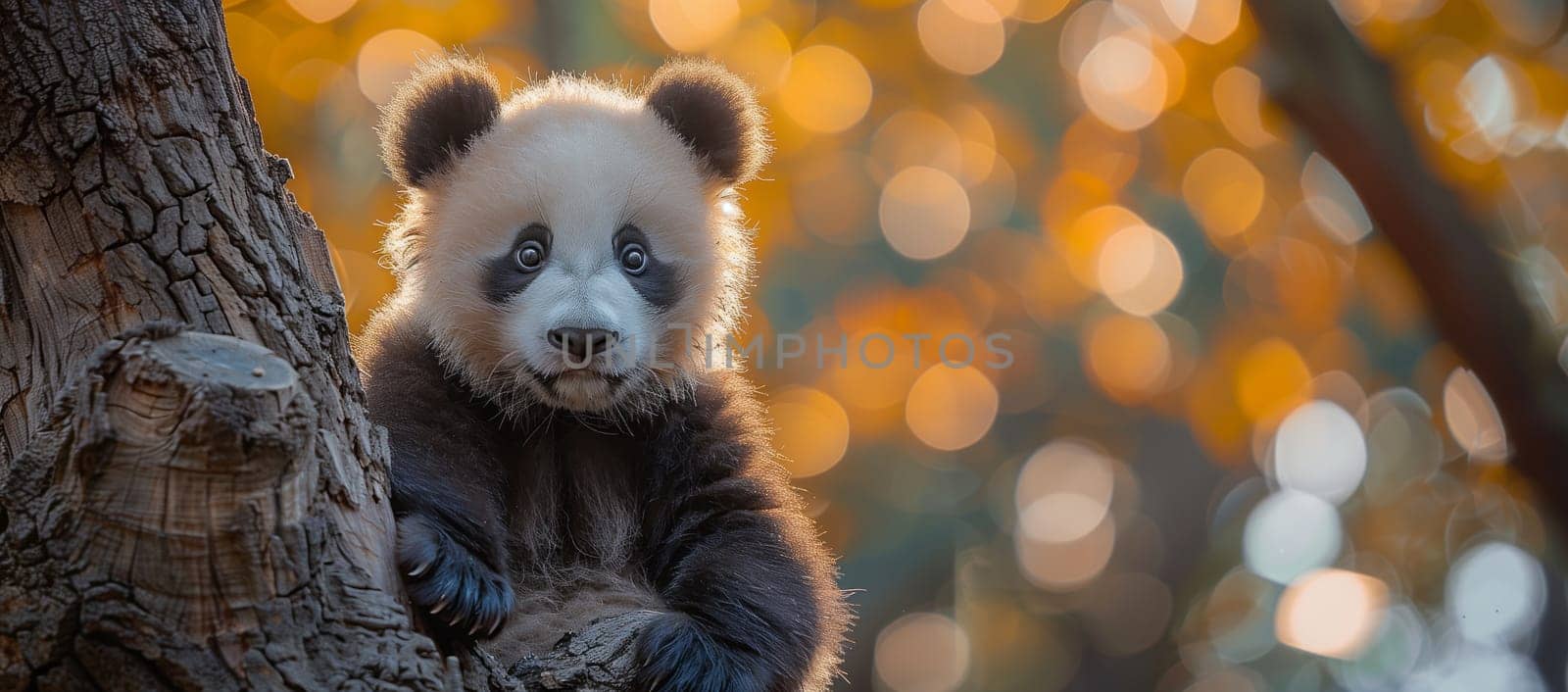 The carnivore panda bear, a terrestrial animal, is sitting on a tree branch in a natural landscape. Its fur, tail, snout, and whiskers are visible as it gazes at the camera