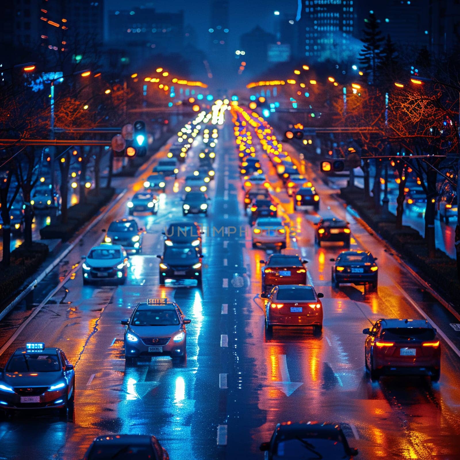 Nighttime City Traffic with Streaks of Headlights and Streetlights by Benzoix