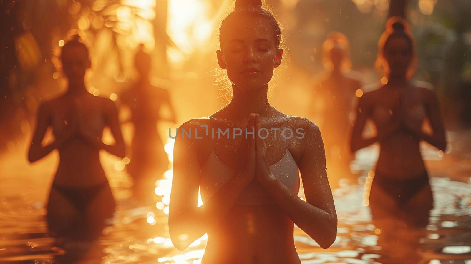 Serene Yoga Class in Session at a Sunlit Wellness Center, The tranquil blur of figures in poses against the morning light emphasizes balance and harmony.