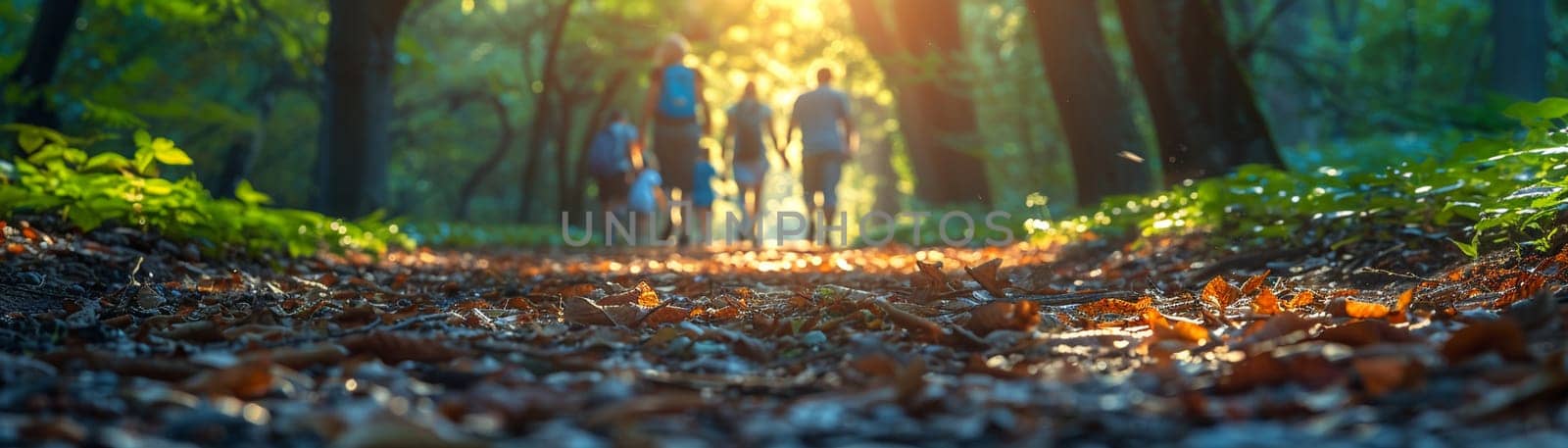 Nature Hiking Trail with Families Enjoying a Weekend Walk, The blur of movement amid greenery suggests the active pursuit of outdoor recreation.