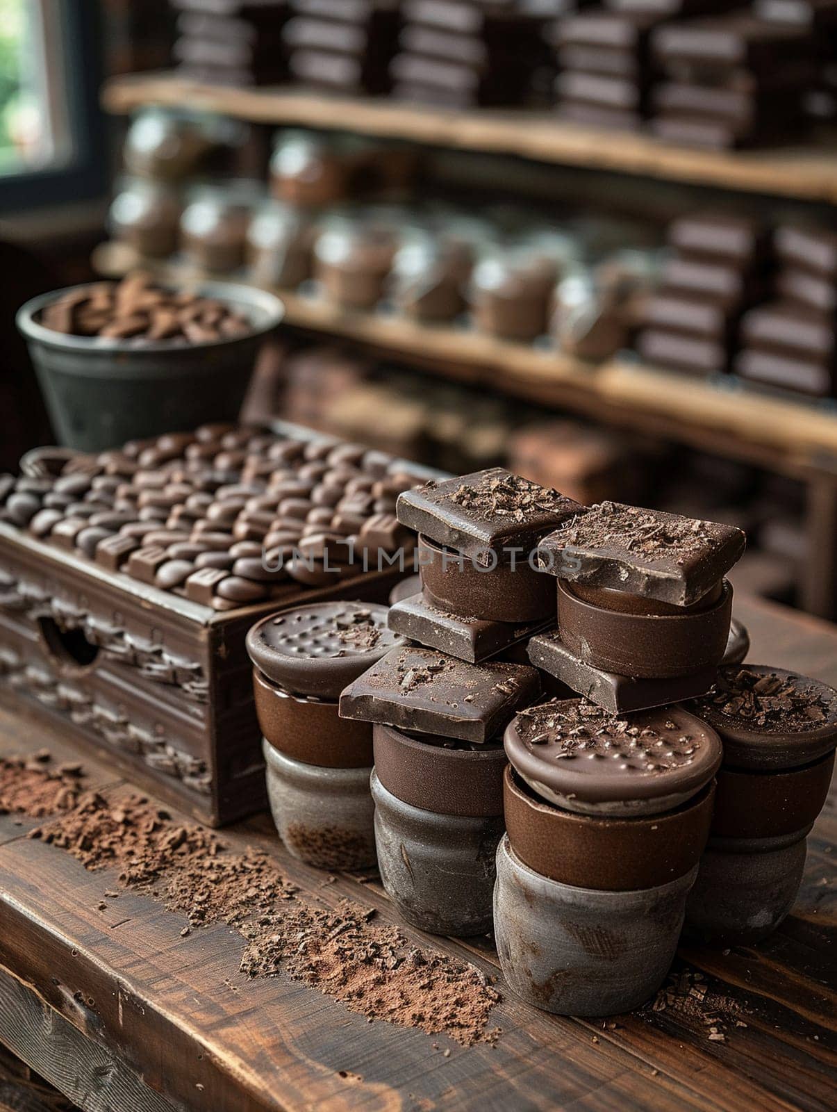 Rustic Chocolate Factory Workshop Amidst Sweet Aroma, Soft focus on artisan tools and chocolate pieces alludes to the craftsmanship in confectionery.