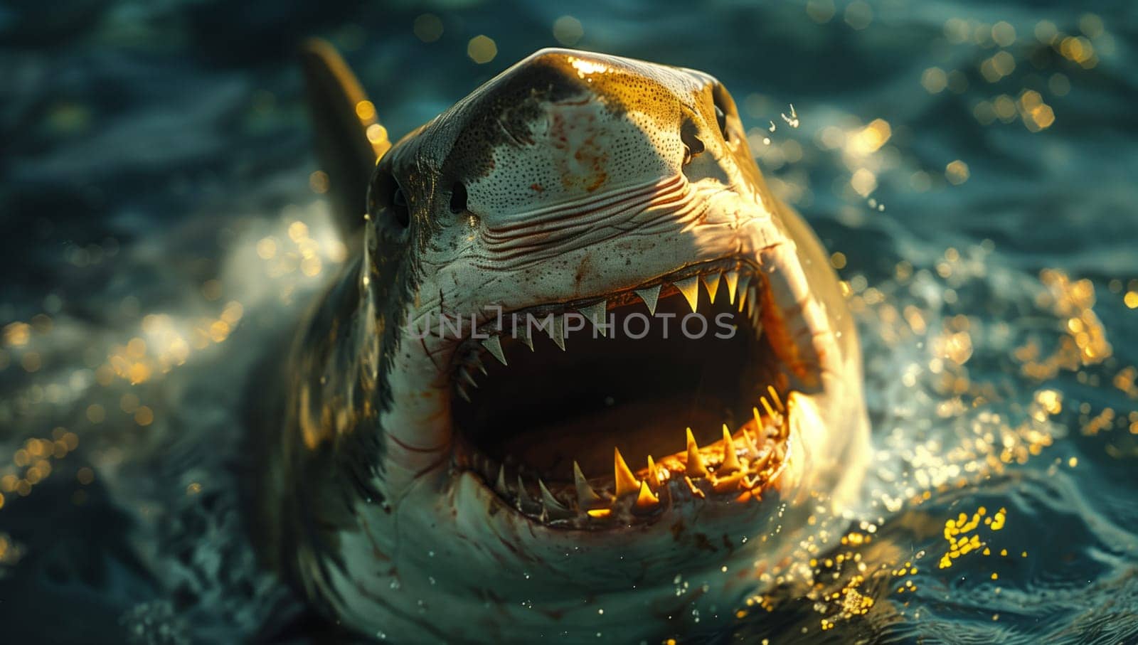 A great white shark, a marine mammal with sharp fangs, is swimming happily in the water with its jaw open, showcasing its impressive predatory behavior