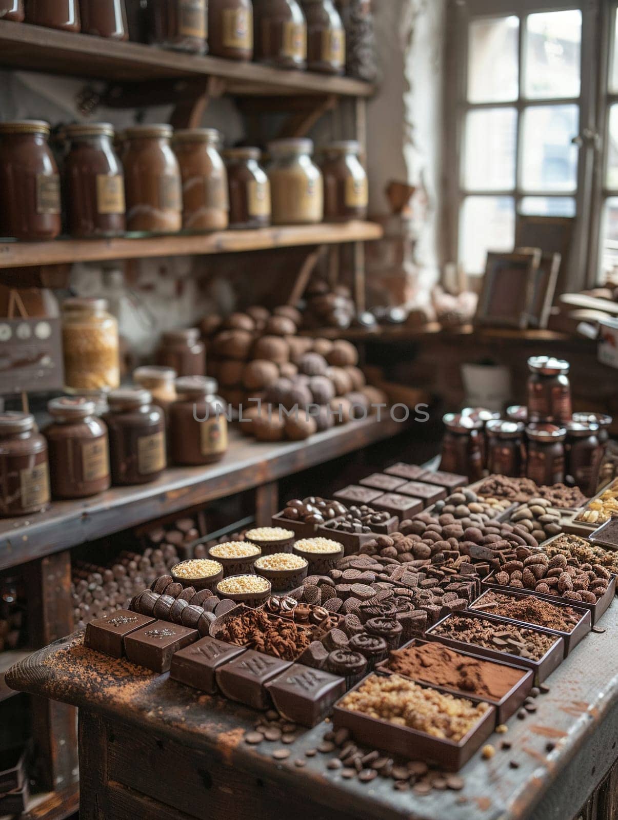 Rustic Chocolate Factory Workshop Amidst Sweet Aroma, Soft focus on artisan tools and chocolate pieces alludes to the craftsmanship in confectionery.