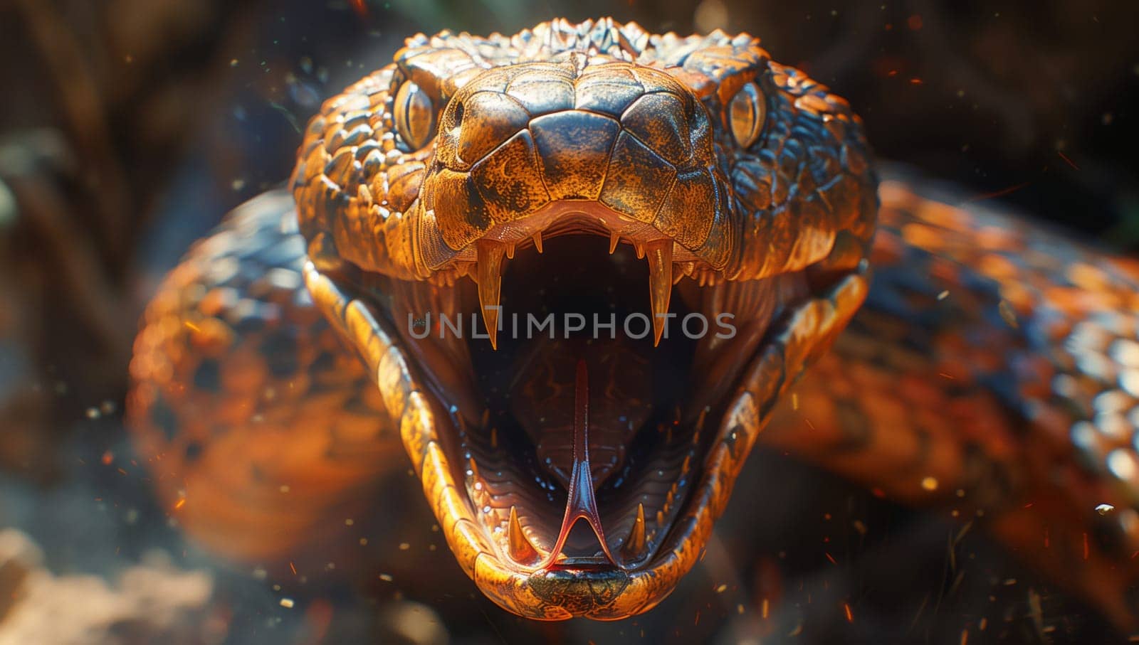 A close up shot of a terrestrial animal, a scaled reptile with its jaw open, showcasing its fangs and snout. This macro photography captures the wildlife underwater
