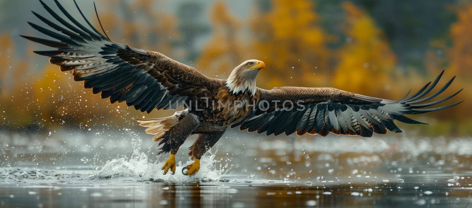 An Accipitridae bird, specifically a bald eagle of the Accipitriformes order, is soaring over a body of water with its wings spread wide