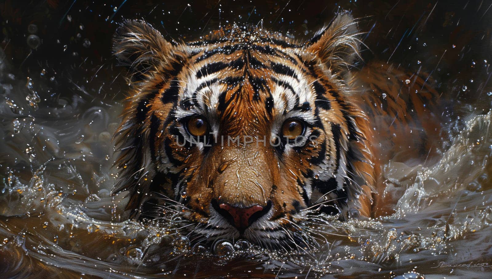 A Siberian tiger is gracefully swimming in the water, eyeing the camera with its majestic whiskers. The fierce carnivore belongs to the Felidae family of big cats