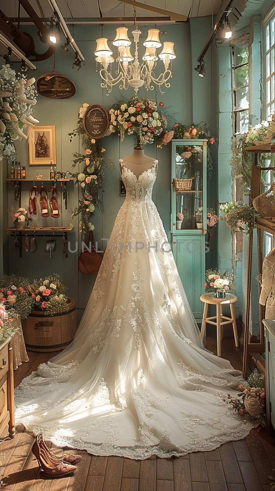 Elegant Bridal Boutique with Soft Focus on Gowns and Accessories, The hazy outlines of wedding attire suggest dreams and preparations for a special day.