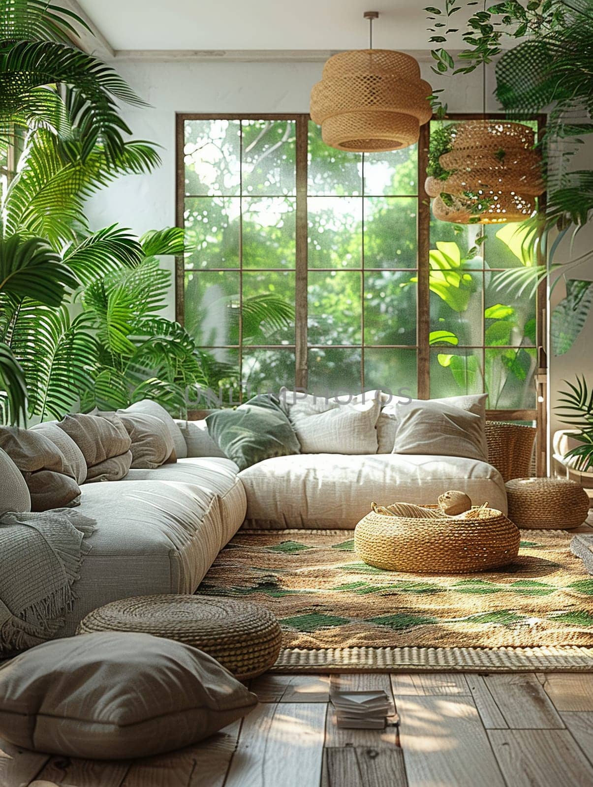 Sustainable Living Showcased in Bright, Eco-Friendly Home Interior, Blurred green plants and eco-decor suggest an environmentally conscious lifestyle.