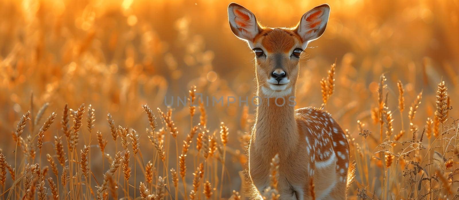 A Whitetailed deer stands in a grassy field, gazing at the camera with its fawn. The natural landscape provides a serene backdrop for these terrestrial animals in the grassland