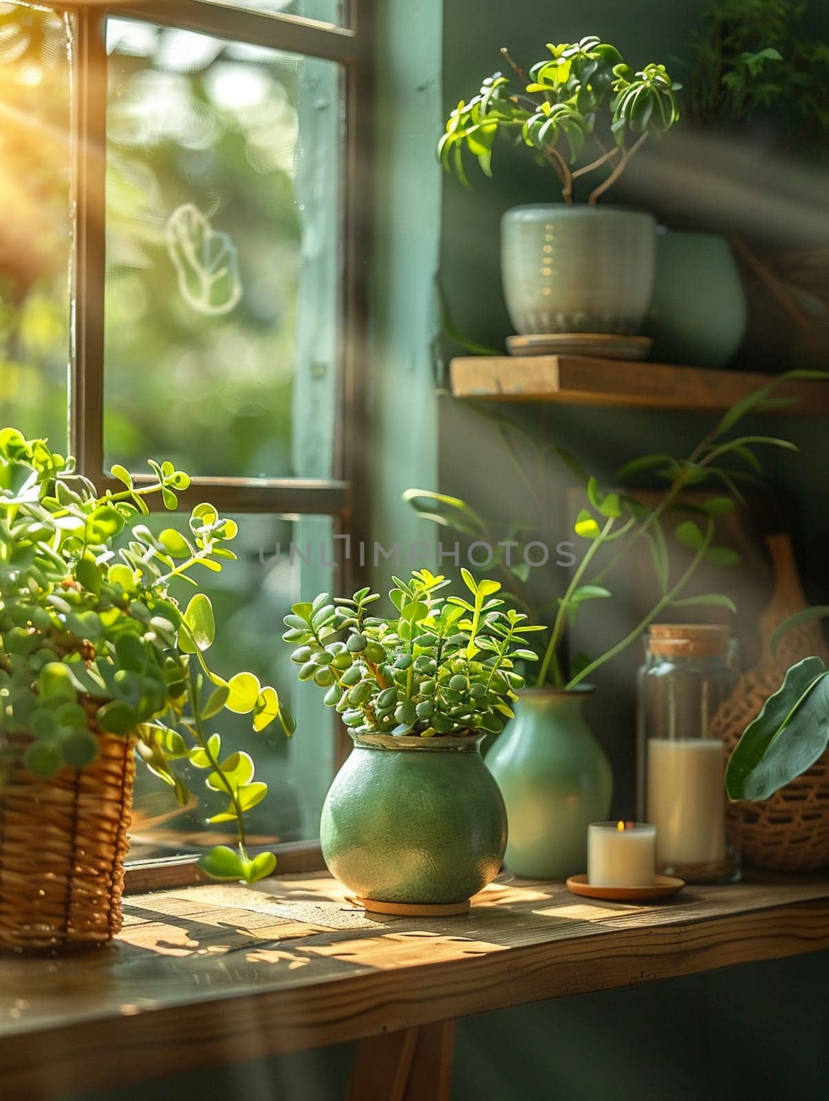 Sustainable Living Showcased in Bright, Eco-Friendly Home Interior, Blurred green plants and eco-decor suggest an environmentally conscious lifestyle.