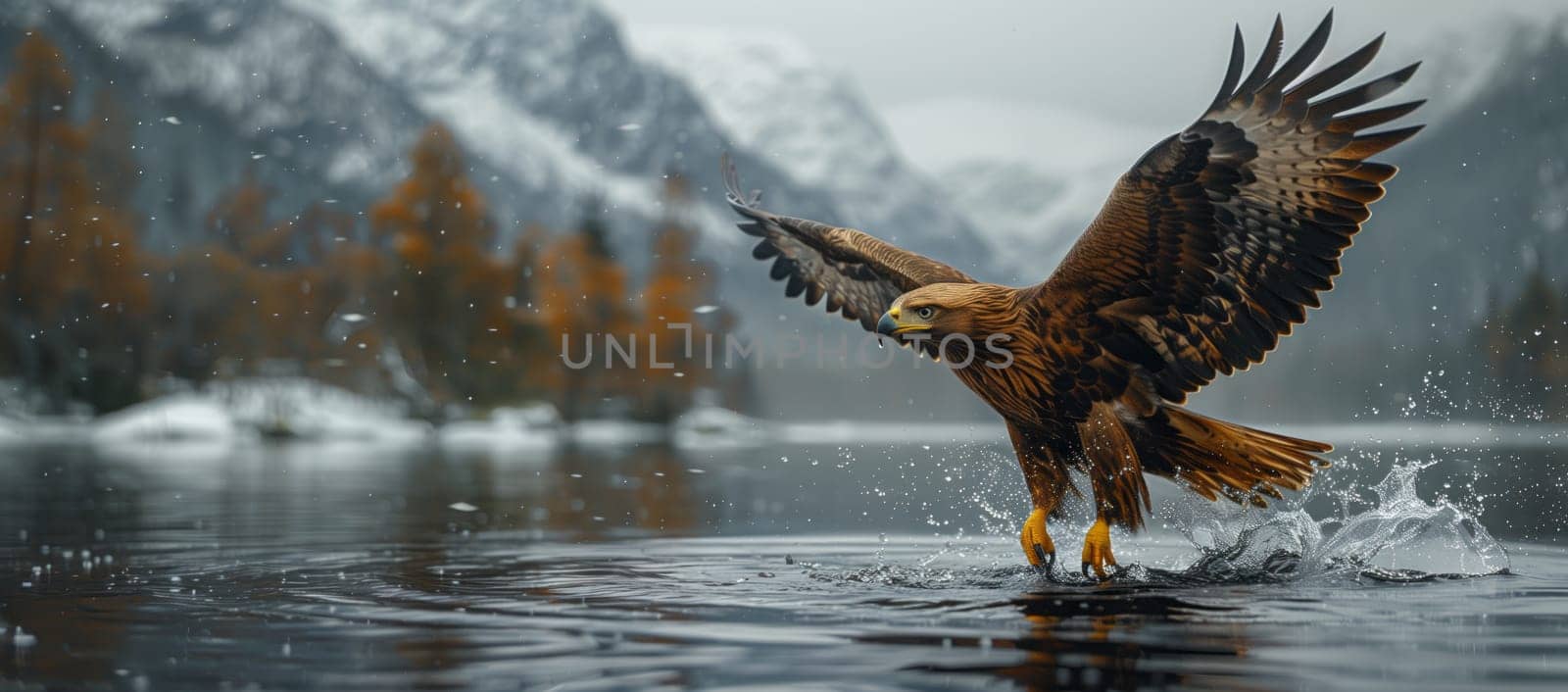 A majestic Bald Eagle, a bird of prey from the Accipitridae family, soars gracefully over a lake surrounded by mountains, showcasing the beauty of this natural landscape