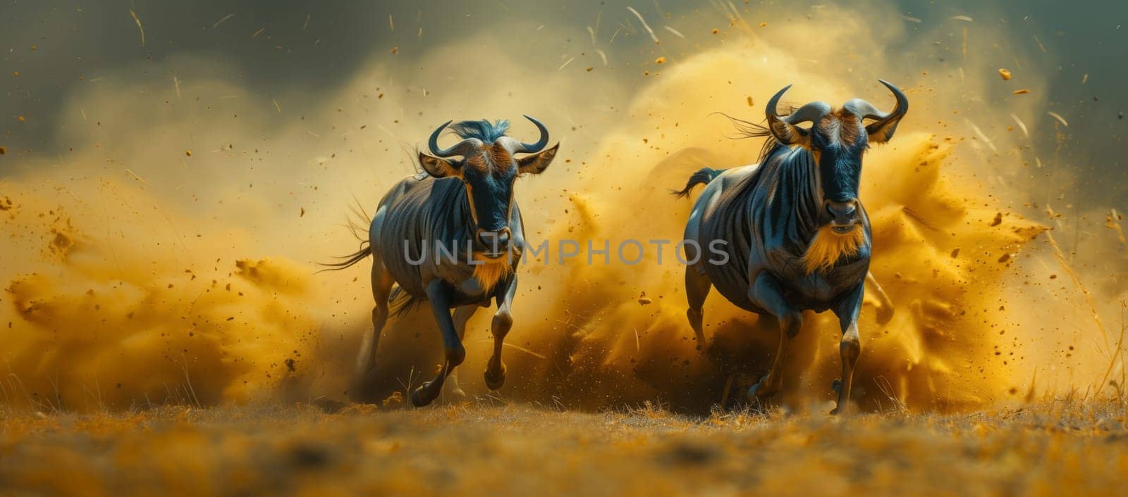 Two wildebeest are galloping across a dusty landscape, resembling a painting by richwolf