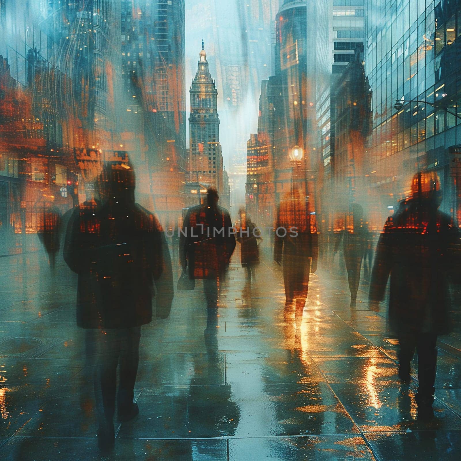 Blurred Financial District with Skyscrapers and Scurrying Professionals by Benzoix