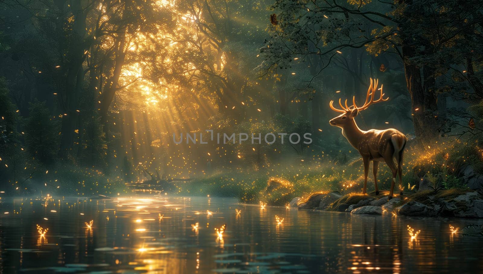 A deer is standing by a river in a natural landscape surrounded by trees and grass. It is a peaceful scene with a fawn nearby